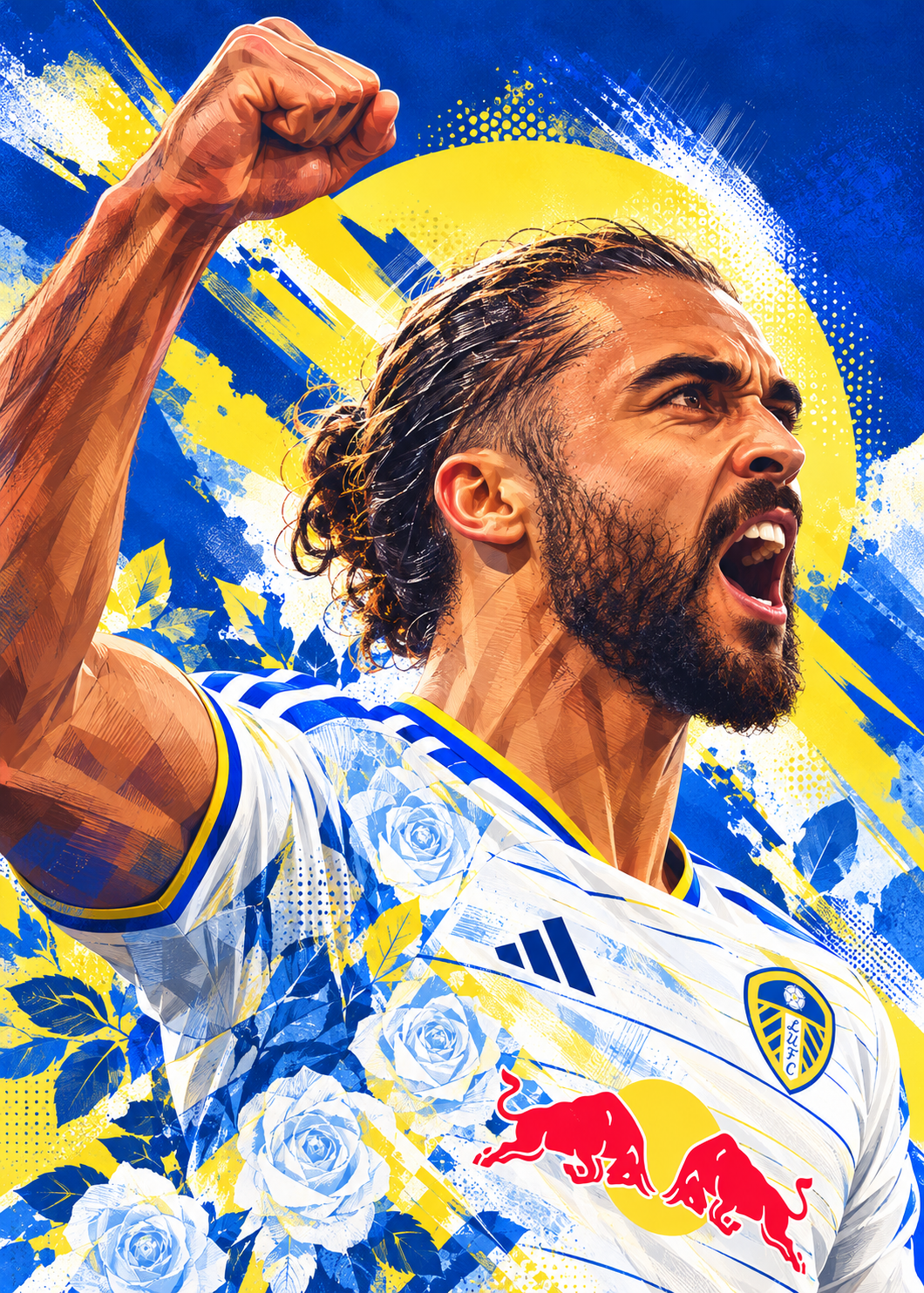 Illustrated portrait of Leeds United striker Dominic Calvert-Lewin celebrating in a white Leeds shirt, created for The Pantheon series on World After The Bell.